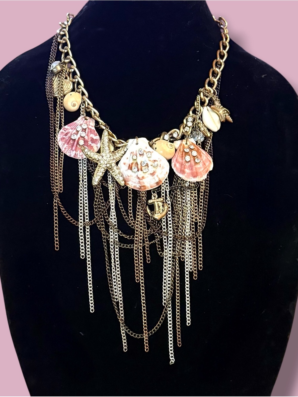 Efm chunky gold tone ocean theme charm statement necklace
